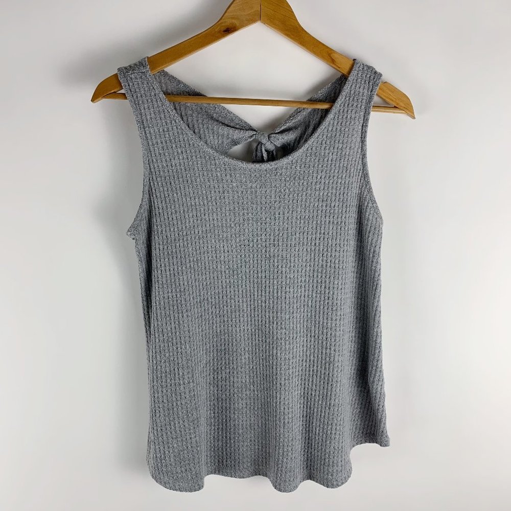 Sinuous Boho Tie Back Gray Waffle Knit Tank Top